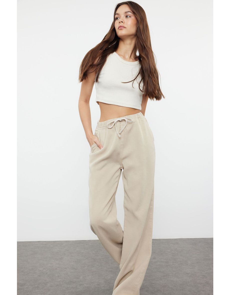 Beige 100% Tencel™ High Waist Jeans with Elastic Waist - 6