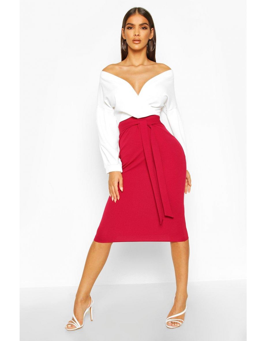 Contrast Off Shoulder Wrap Midi Dress - berry