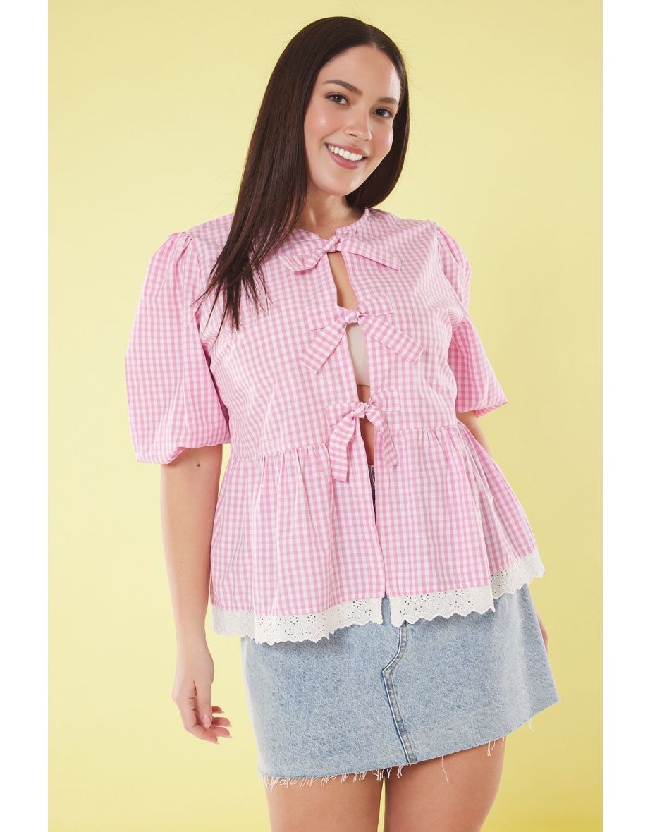 Pink Plaid/Checked Bow Skirt Embroidered Woven Plus Size Blouse