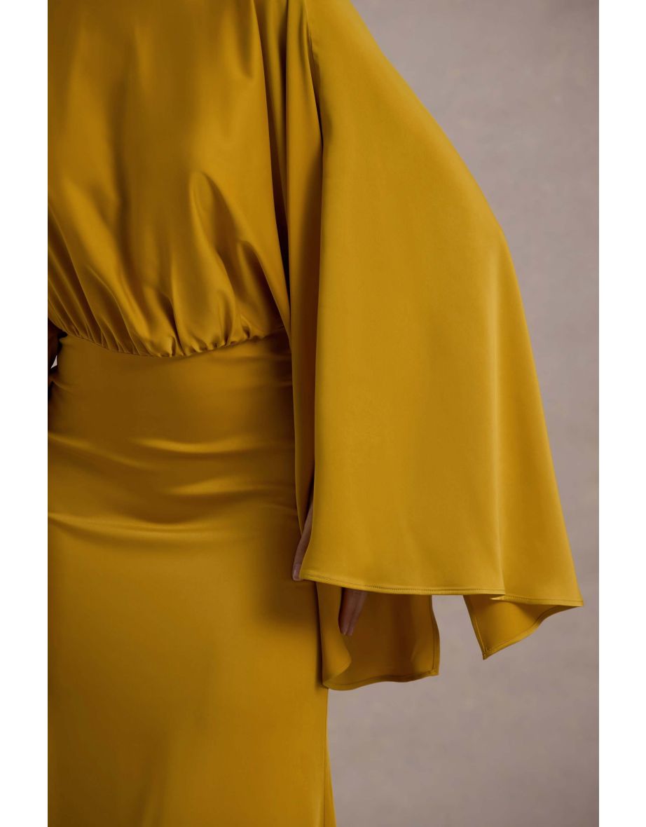 Zuzanna | Mustard Draped Maxi Dress With Cape Sleeves - 5