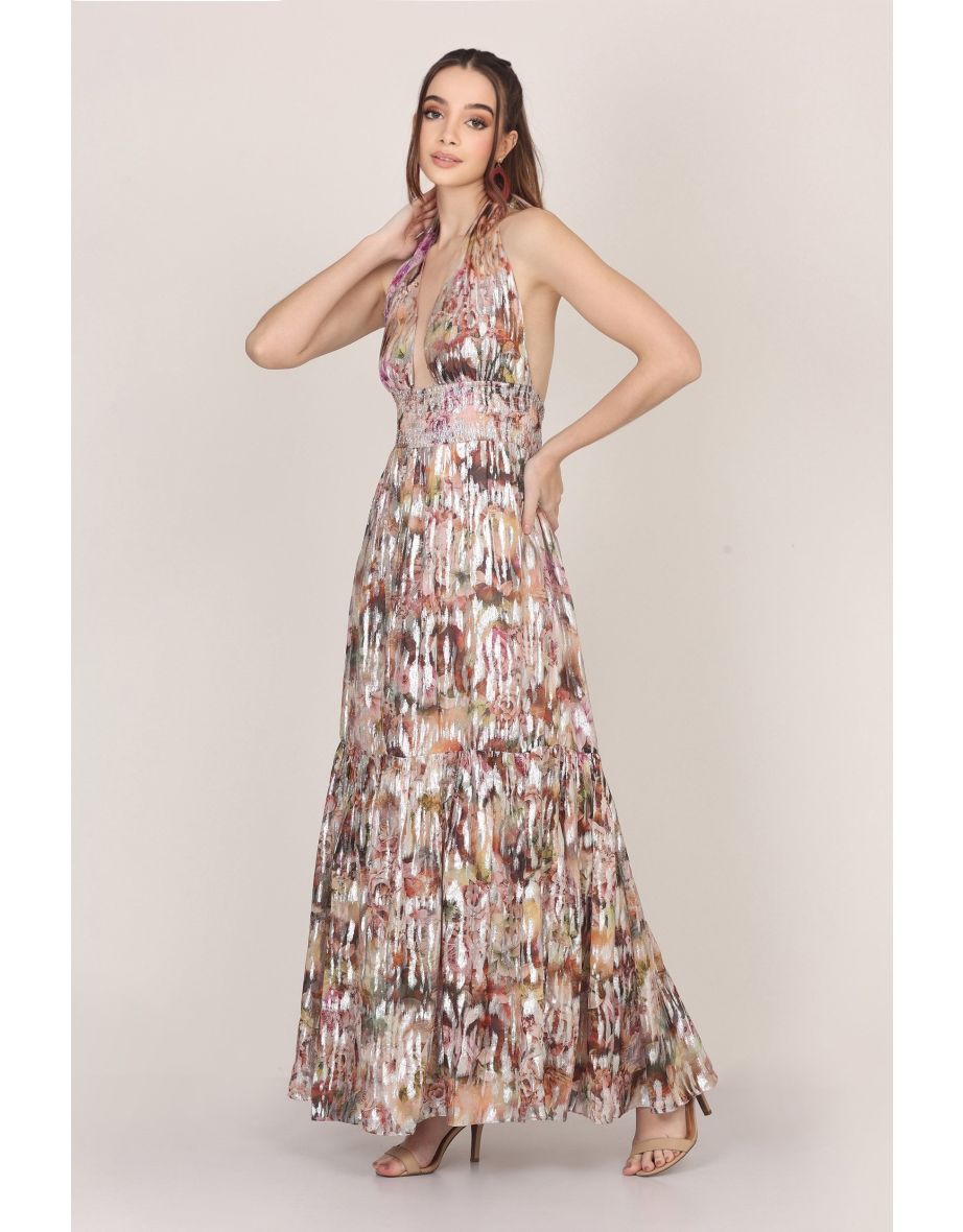 Shop Noorex Metallic Printed Maxi Dress Online in Bahrain VogaCloset