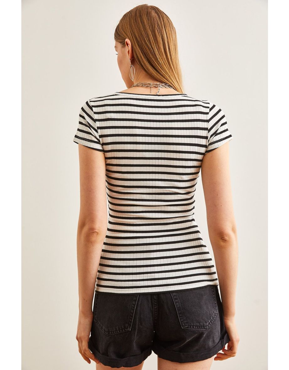 Women's Thick Ribbed Black Snap Camisole Blouse - 4