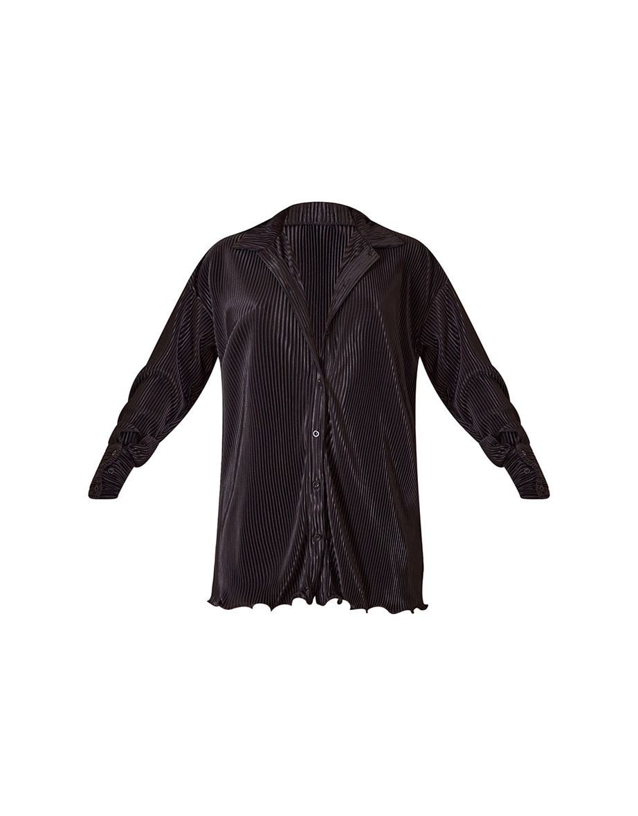Black Plisse Frill Hem Shirt Dress - 4