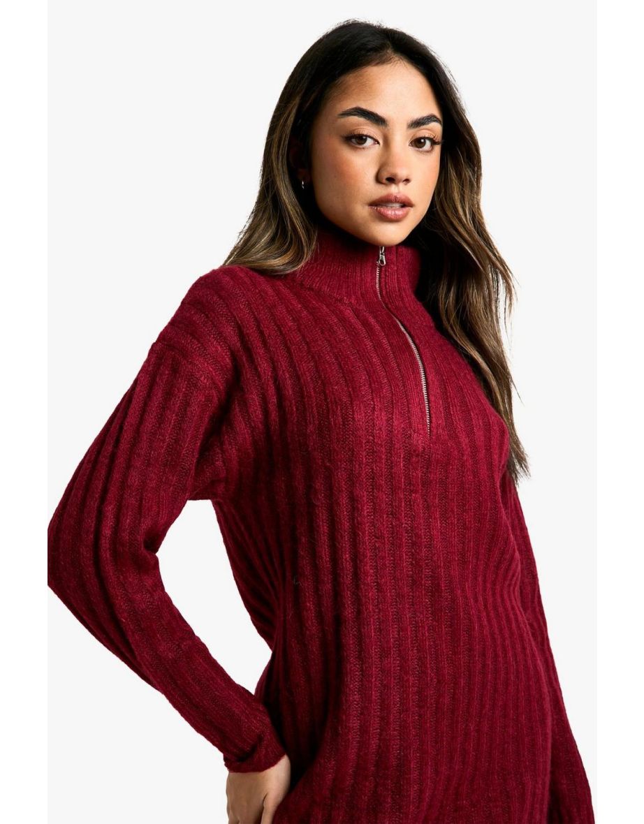 Soft Knit Thick Rib Zip Neck Oversize Mini Dress - berry - 3
