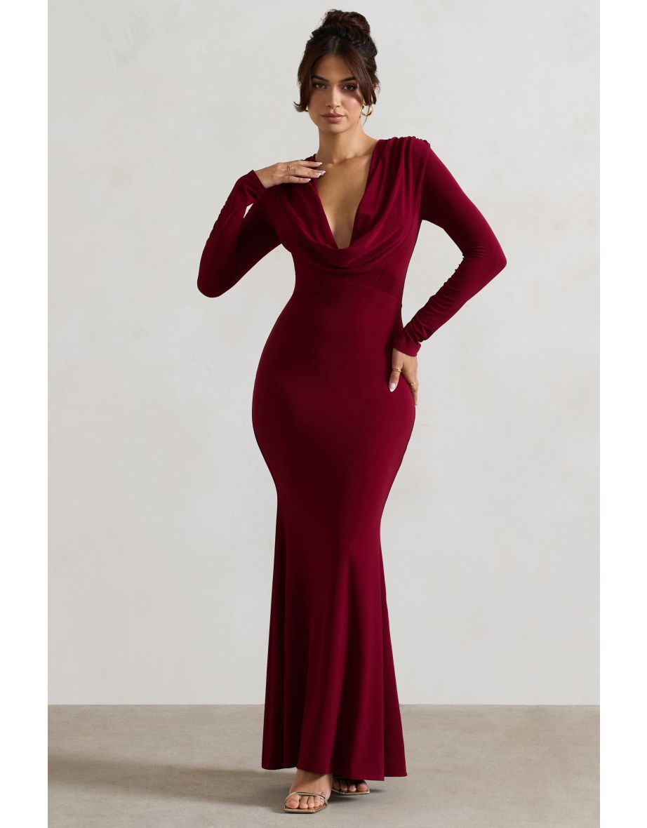 Heavy Heart | Berry Cowl-Neck Long-Sleeve Maxi Dress