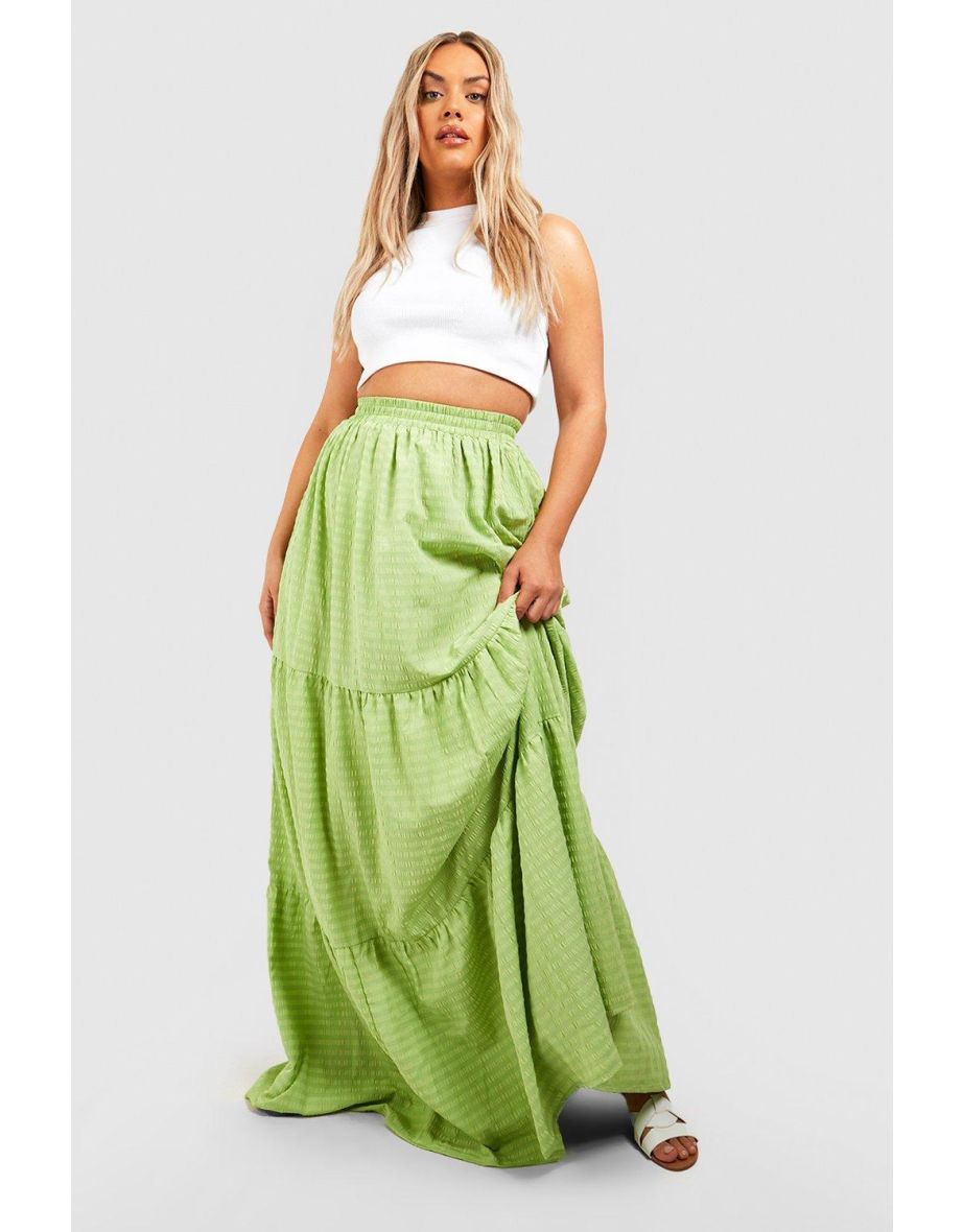 Plus Seersucker Textured Tiered Midaxi Skirt - pistachio