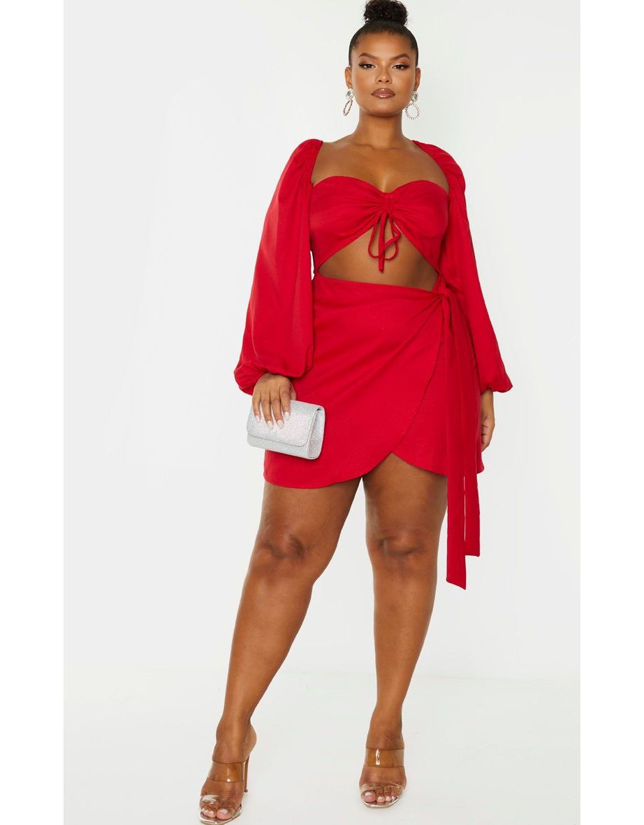 Plus Red  Ruched Cut Out Bodycon Dress