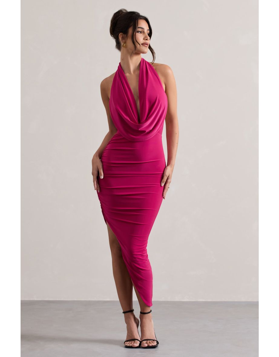 Hayley | Hot Pink Cowl-Neck Asymmetric Dress - 4