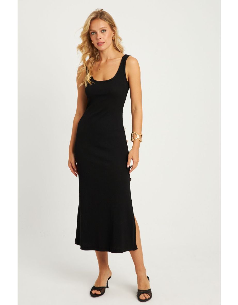 Women's Black Button Detailed Camisole Midi Dress
