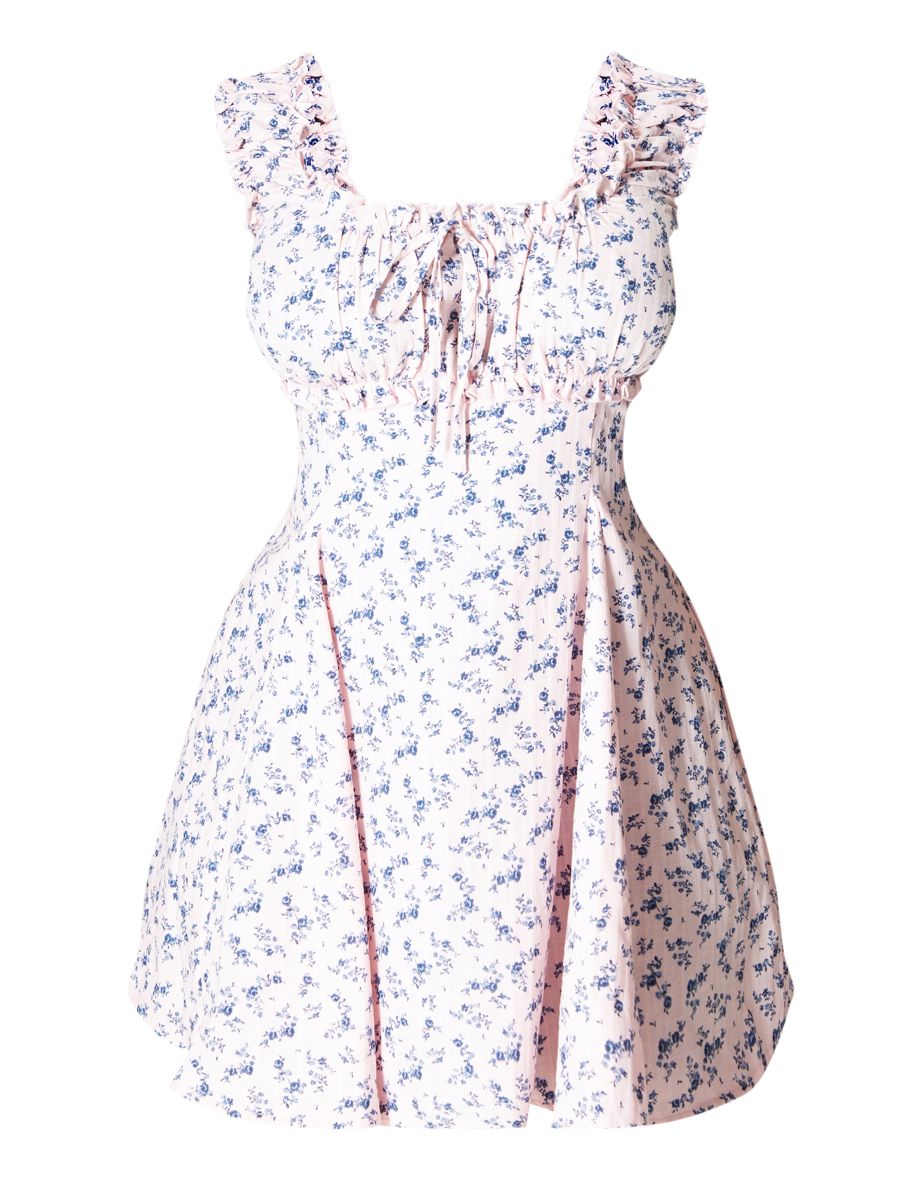 Plus Baby Pink Ditsy Floral Ruched Tie Shift Dress - 4