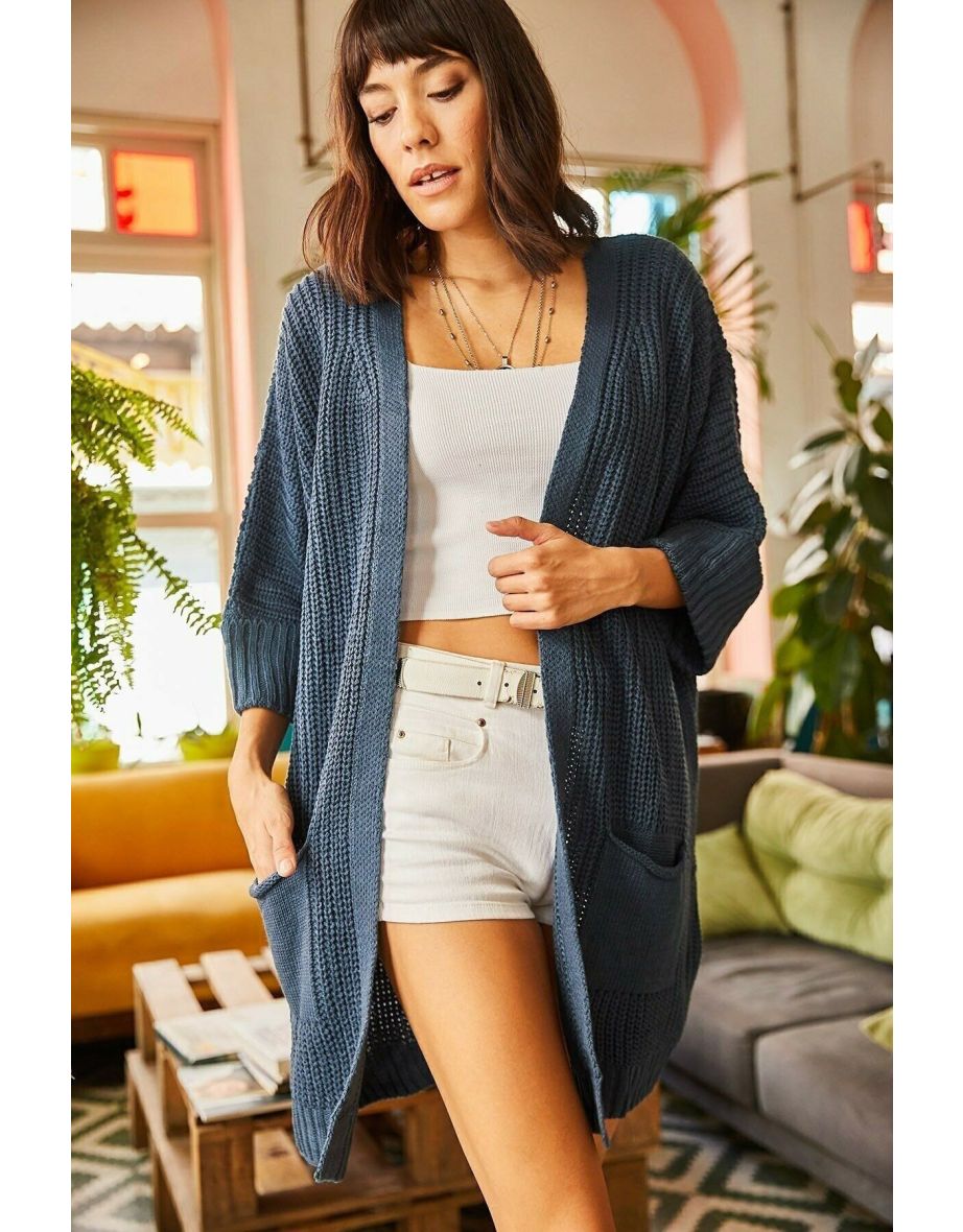Women's Indigo Sleeve Folded Pocket Loose Knitwear Cardigan - 2