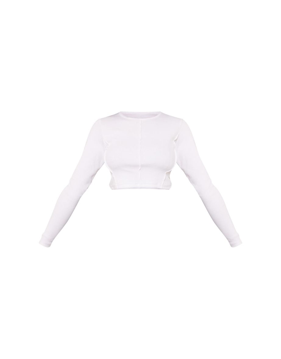 Tall White Soft Rib Open Seam Detail Long Sleeve Top - 4