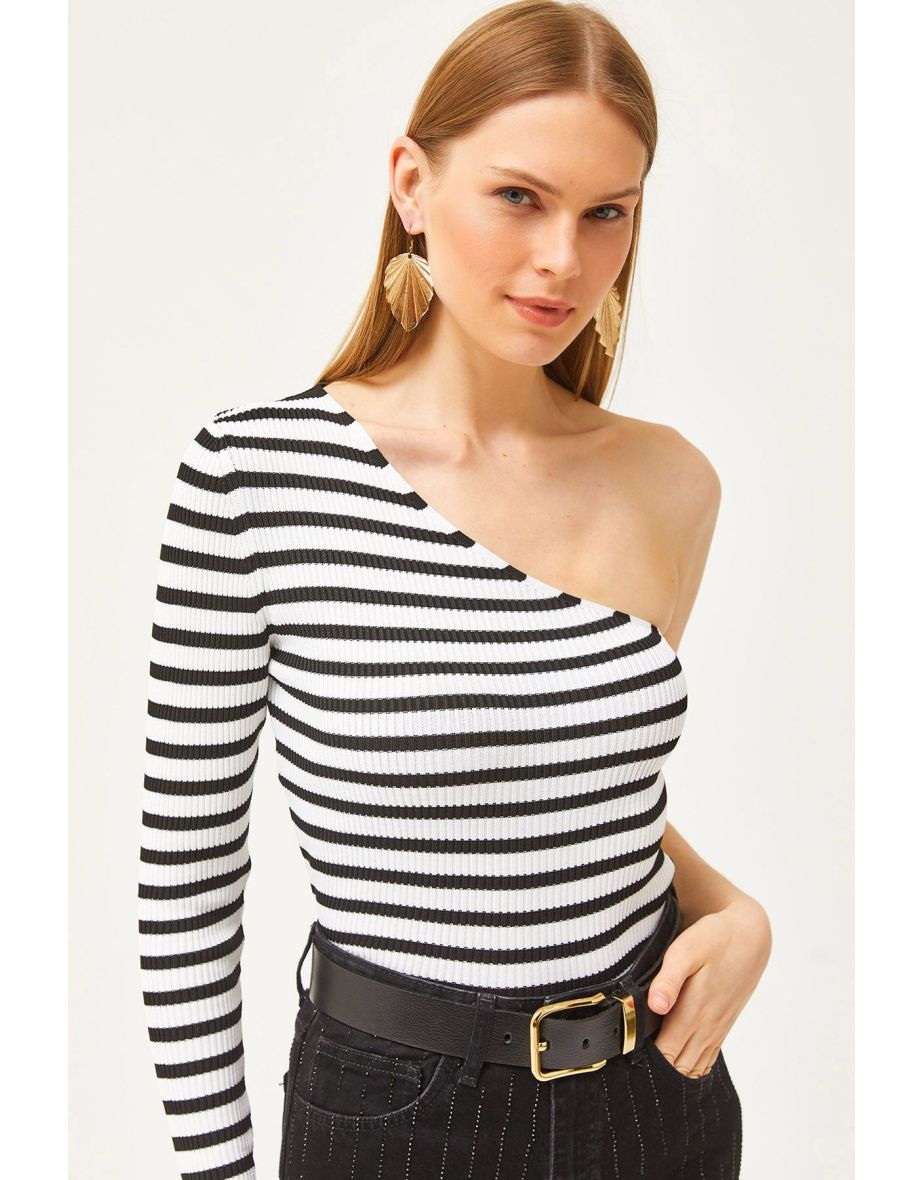 Women's Striped White One Shoulder Waist Top Crop Knitwear Blouse
