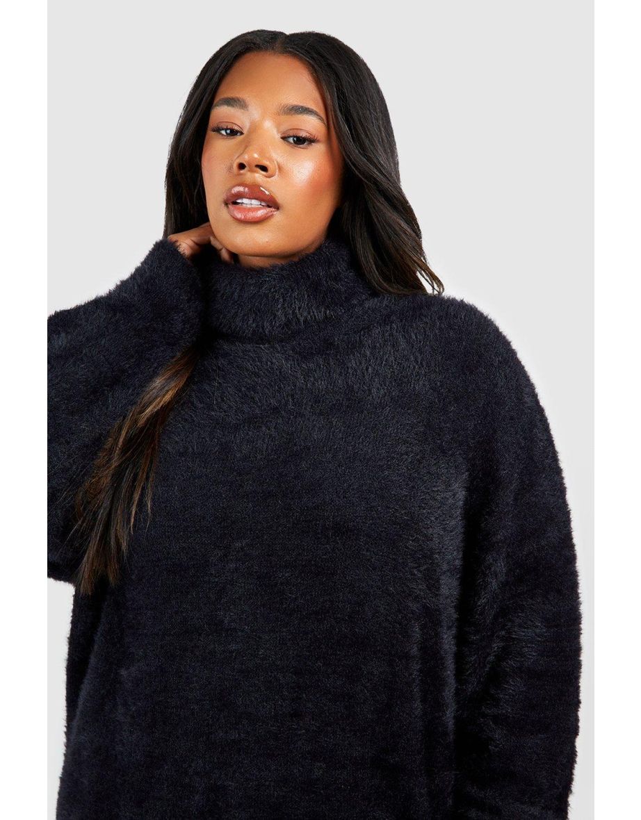 Plus Fluffy Knit Roll Neck Jumper - black - 3