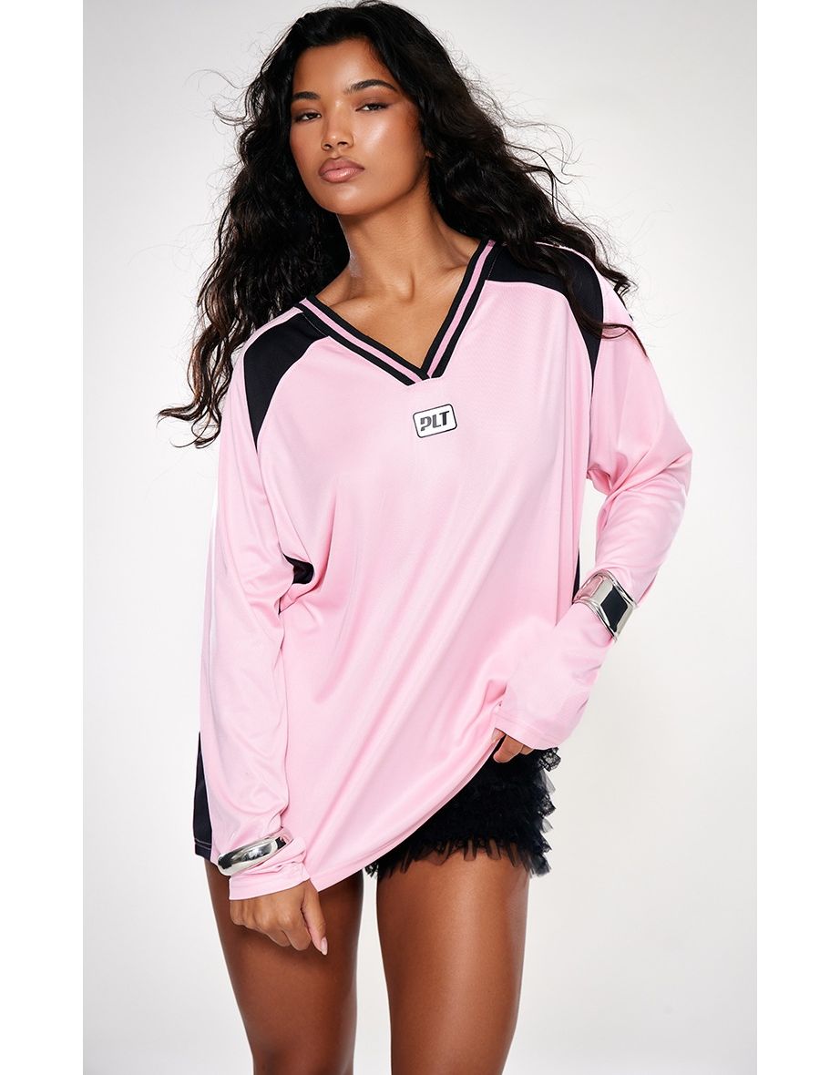 PRETTYLITTLETHING Pink Studio Mode Long Sleeve Football Top