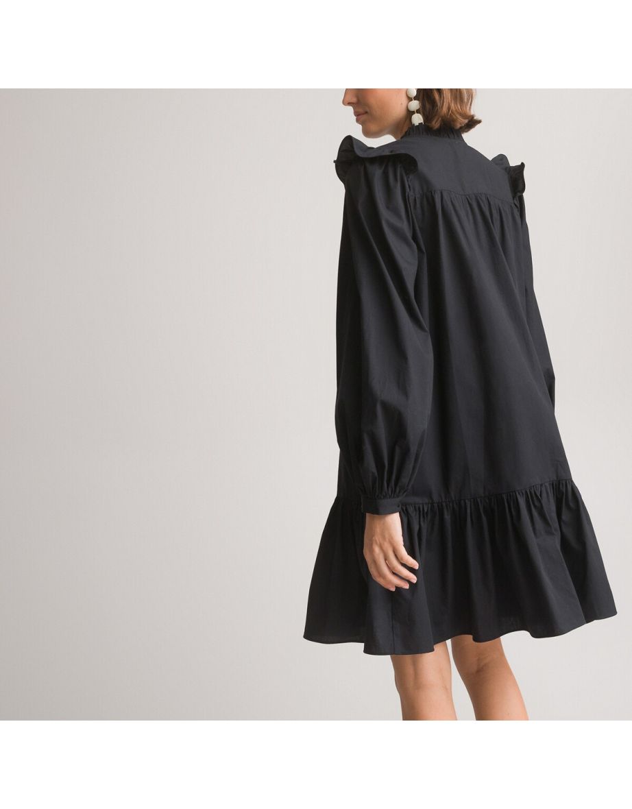 Cotton Ruffle Mini Dress with Long Sleeves - 3