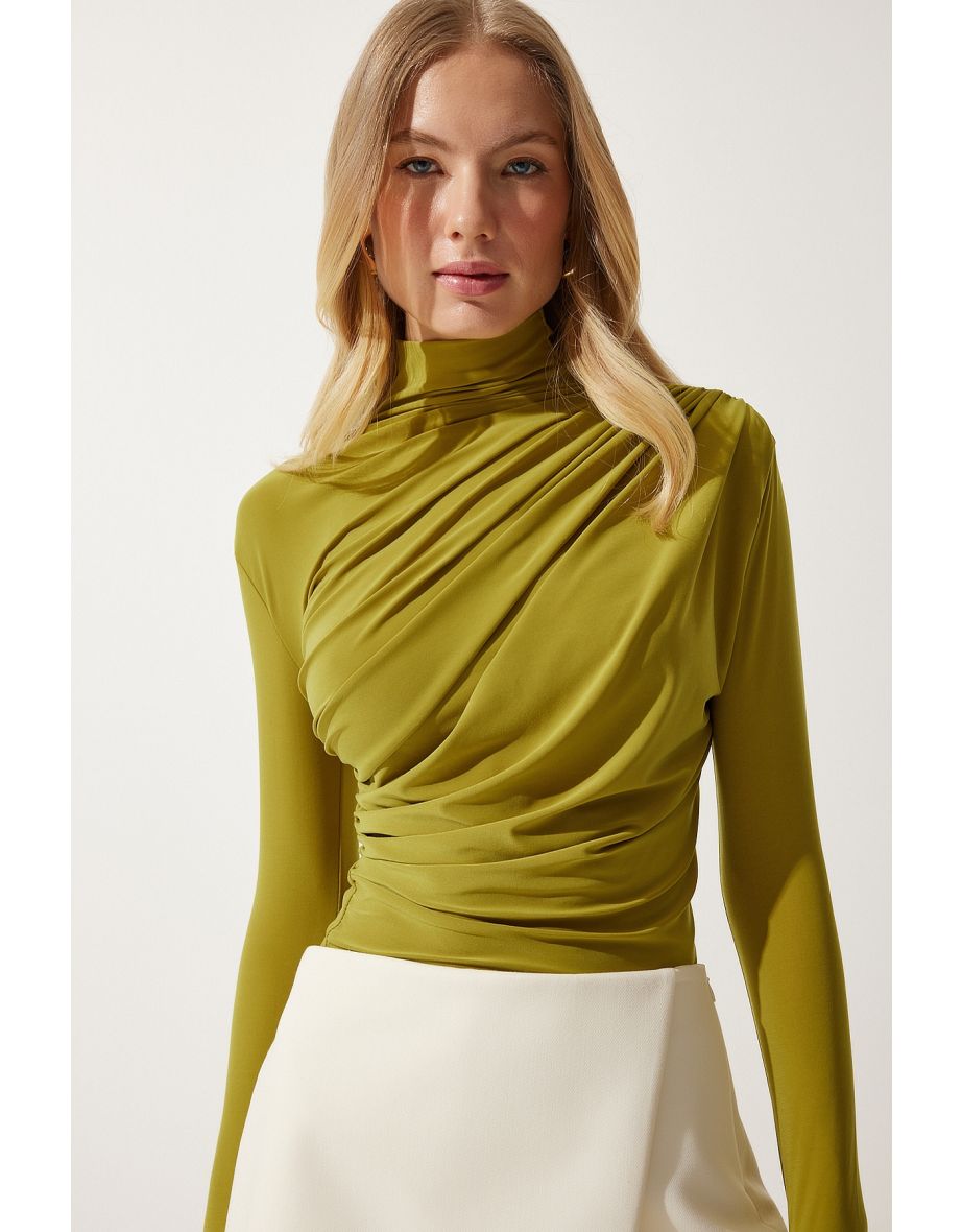 Women's Oil Green Gathered Detailed High Neck Sandy Blouse - 4
