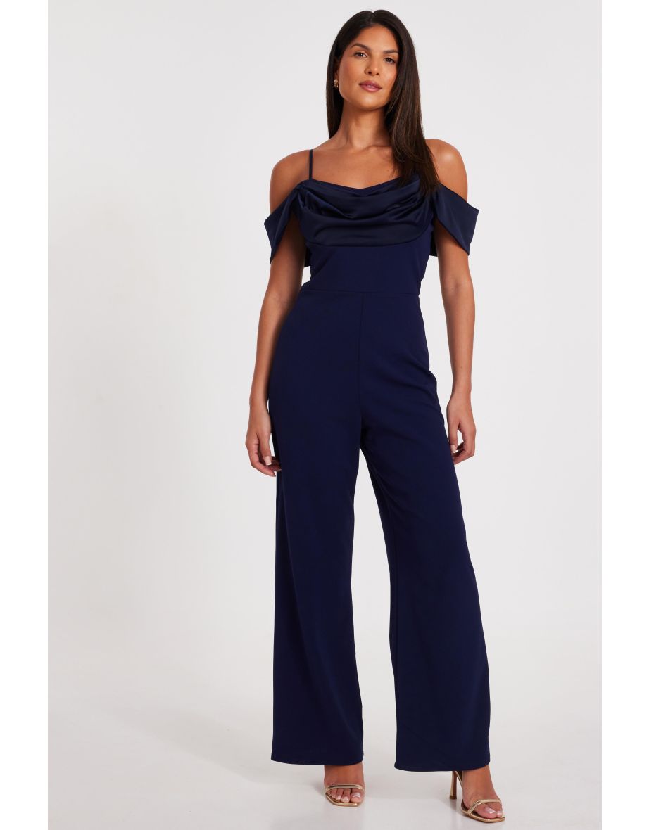 Navy Satin Cold Shoulder Jumpsuit
