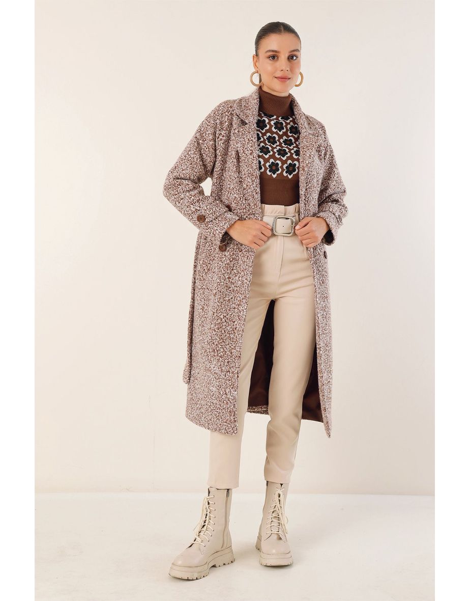 Double Breasted Neck Boucle Coat - Brown
