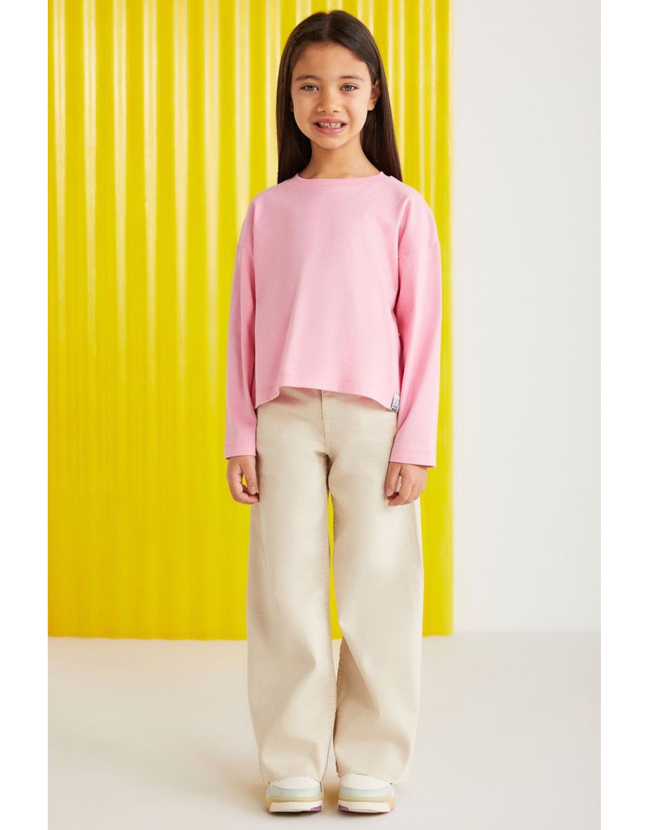 NICOLA-100% cotton long sleeve girls' Pink T-Shirt