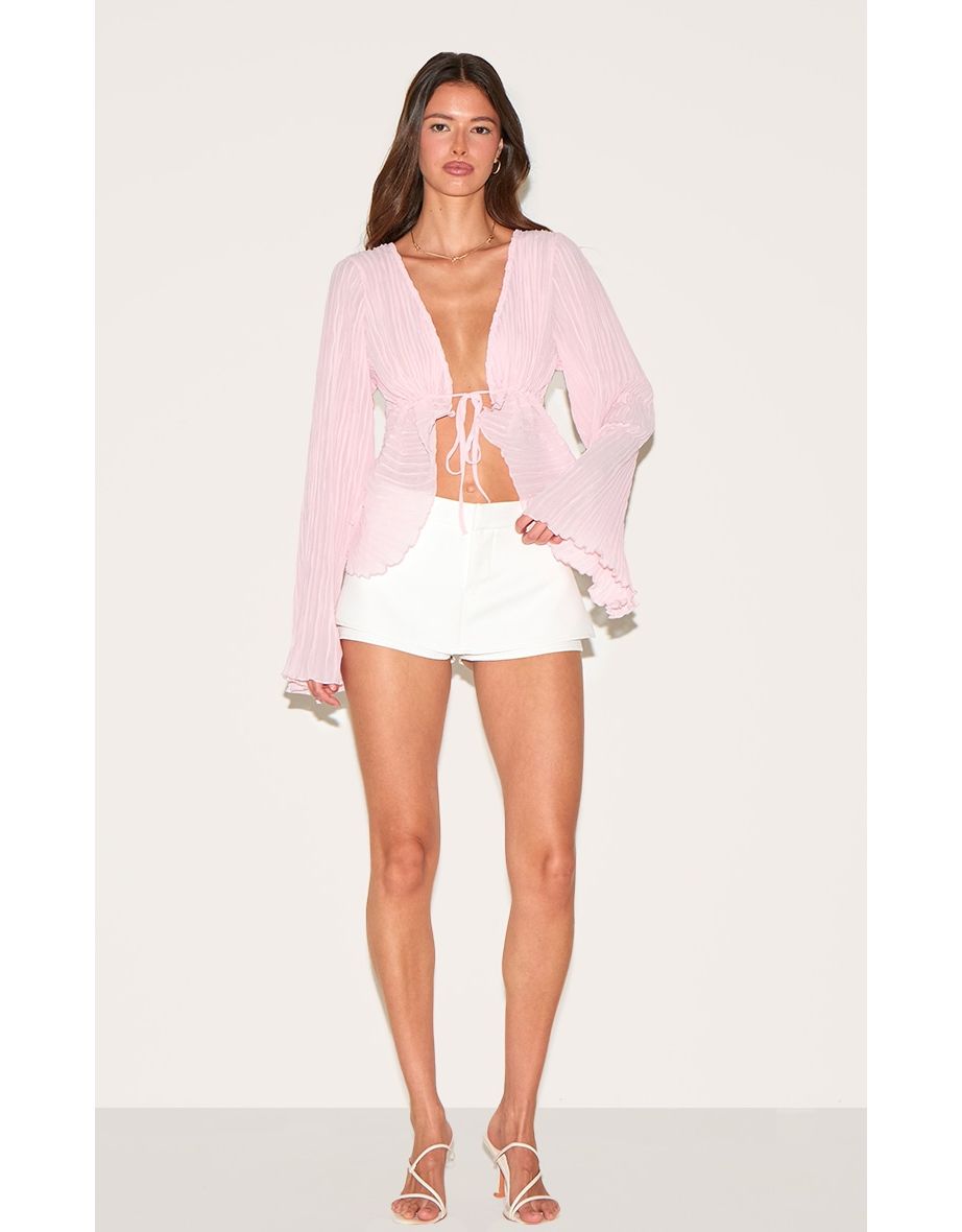 Pale Pink Sheer Plisse Tie Front Flute Sleeve Blouse