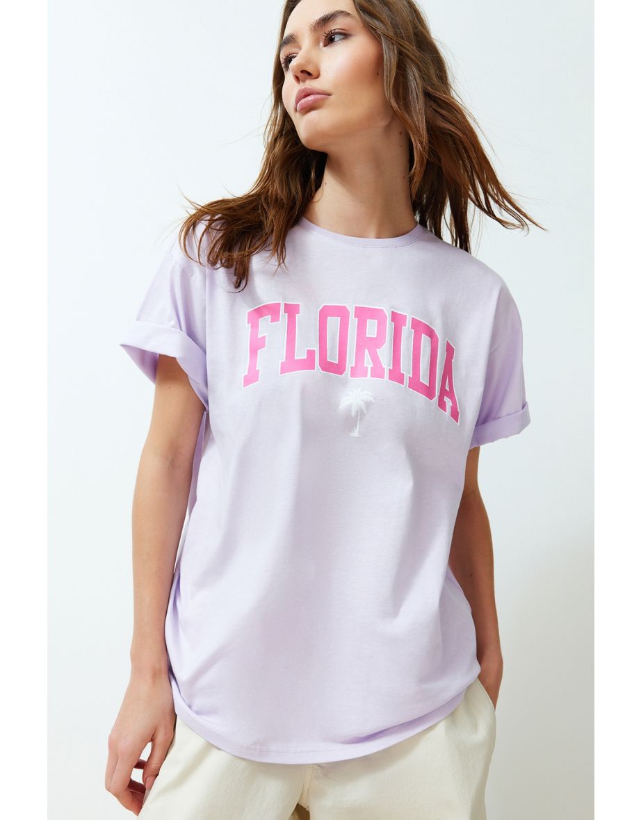 Lilac Oversize Printed Crew Neck Short Sleeve Knitted T-Shirt