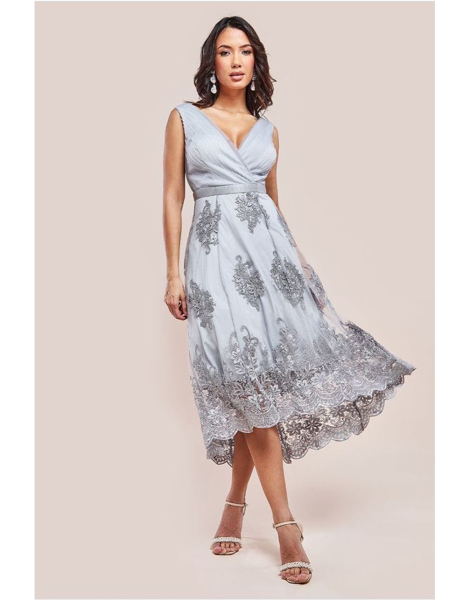 Goddiva Grey Chiffon A-Line Midaxi Skater Dress