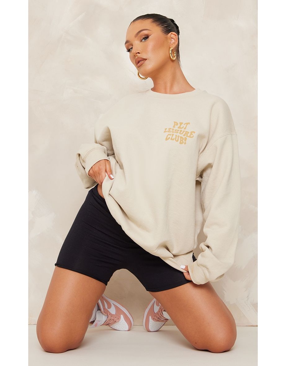 PRETTYLITTLETHING Stone Leisure Club Front And Back Print Sweatshirt