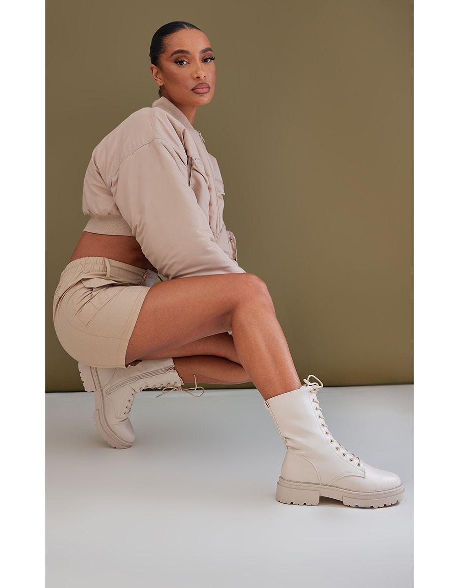 Shop Cream PU Classic Lace Up High Ankle Boots Online in Bahrain VogaCloset