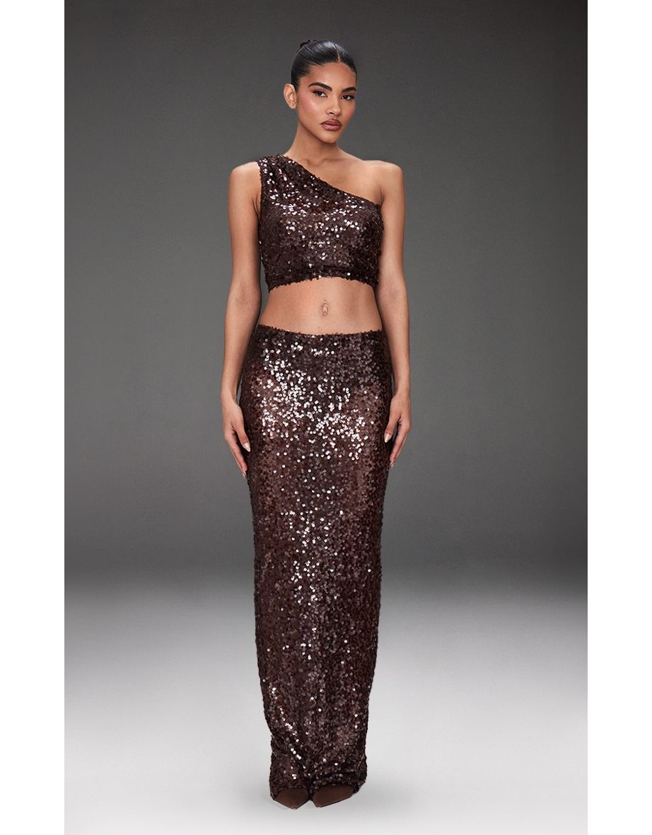 Dark Brown Sequin Mesh One Shoulder Top