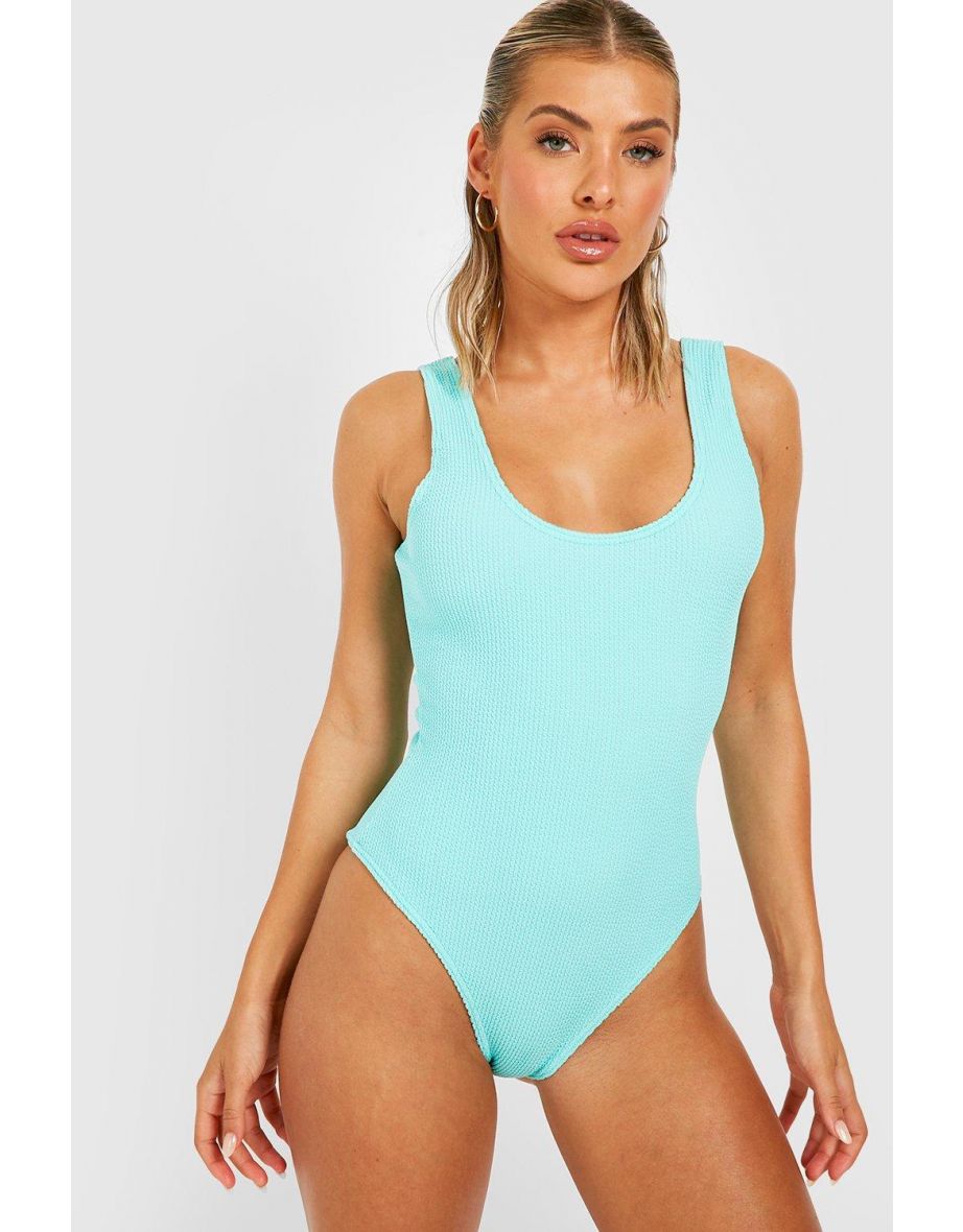Crinkle Scoop Neck Swimsuit - sky blue