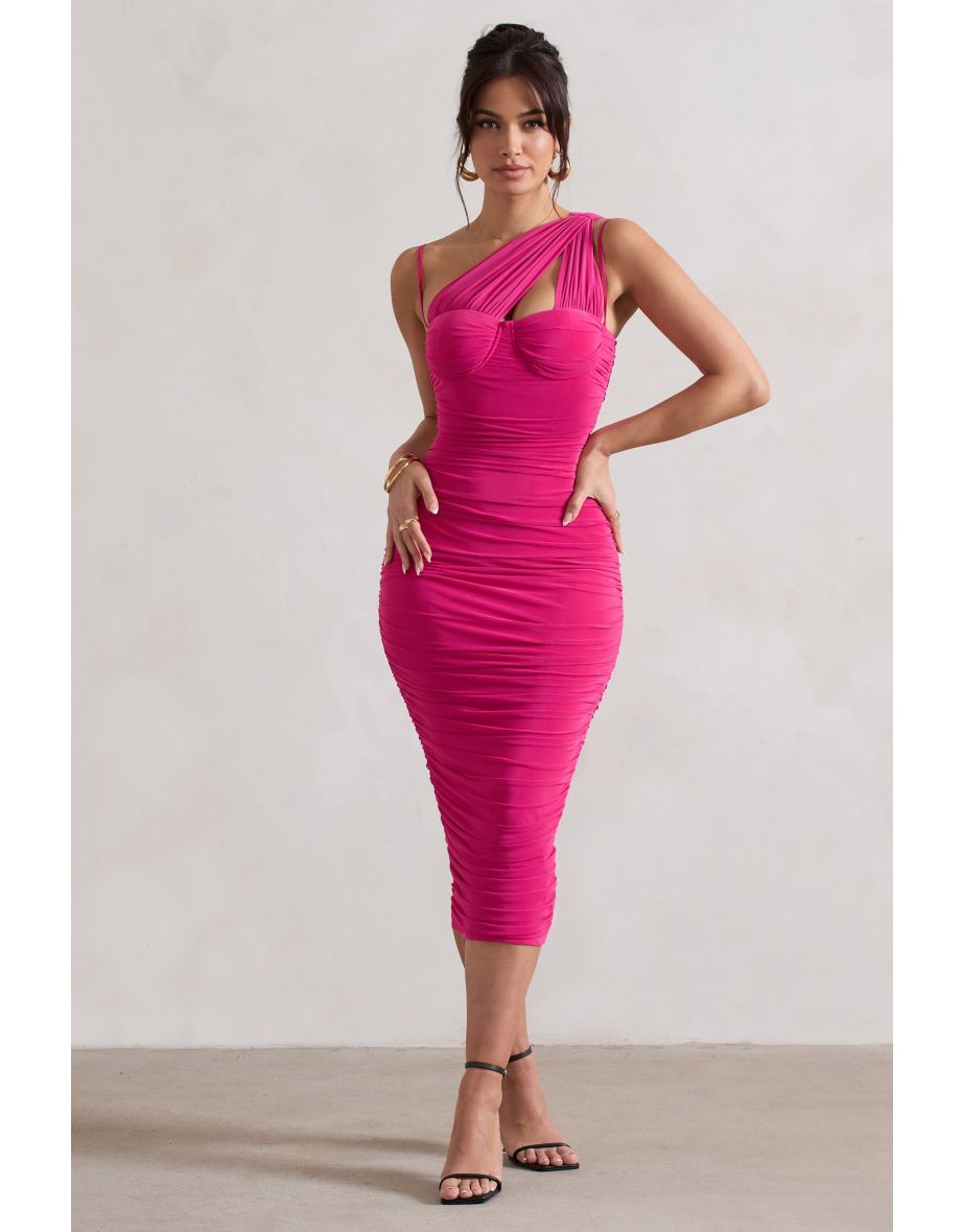 Bellini | Dark Pink Asymmetric Ruched Midaxi Dress