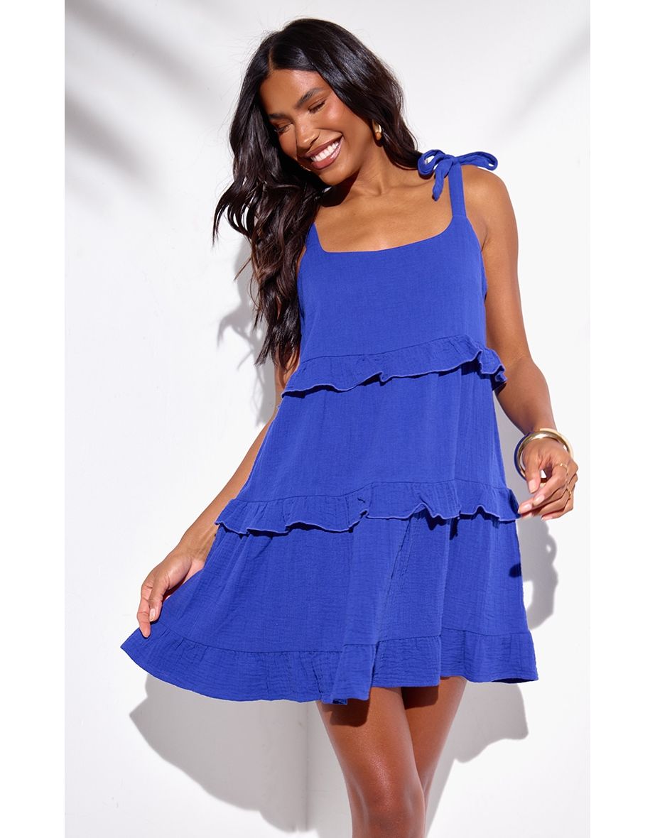 Shop Deep Blue Double Gauze Frill Beach Dress Online in Bahrain VogaCloset