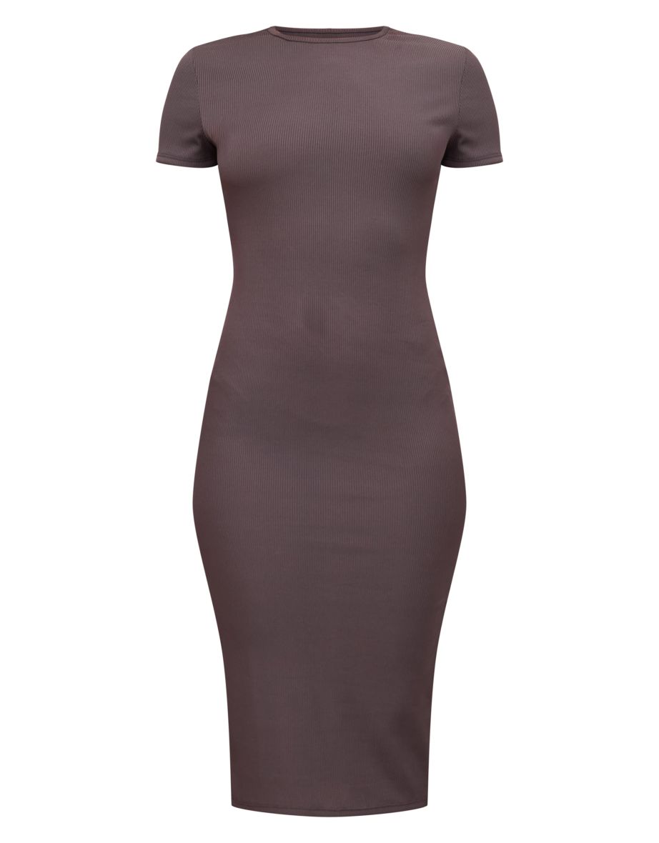Petite Grey Ribbed Short Sleeve Crew Neck Midi Dress - 4