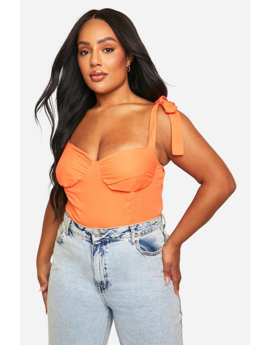 Plus Tie Shoulder Ruched Bodysuit - orange