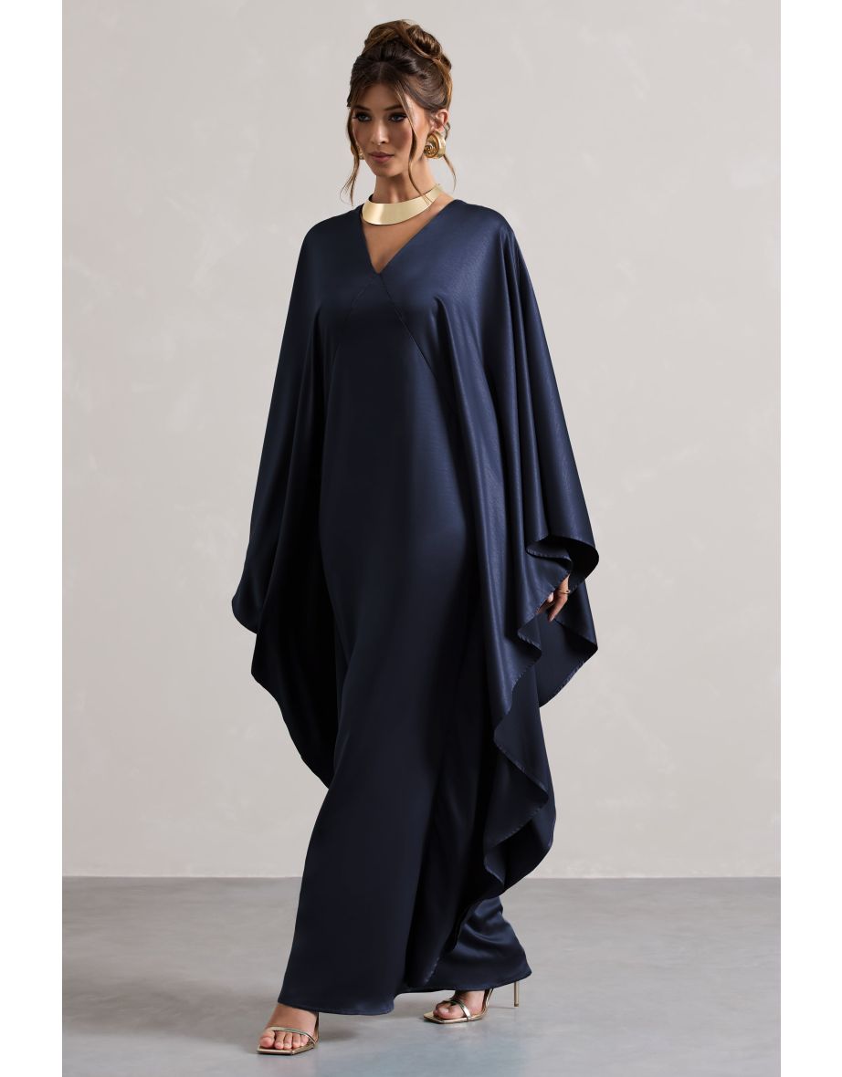 Alohi | Navy Satin Plunge Cape Maxi Dress - 4