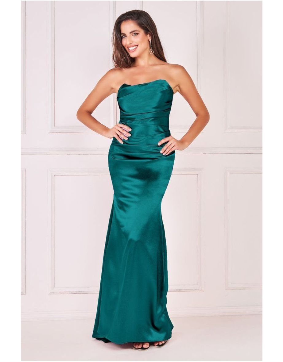 Goddiva Satin Bandeau Maxi Dress - Emerald Green