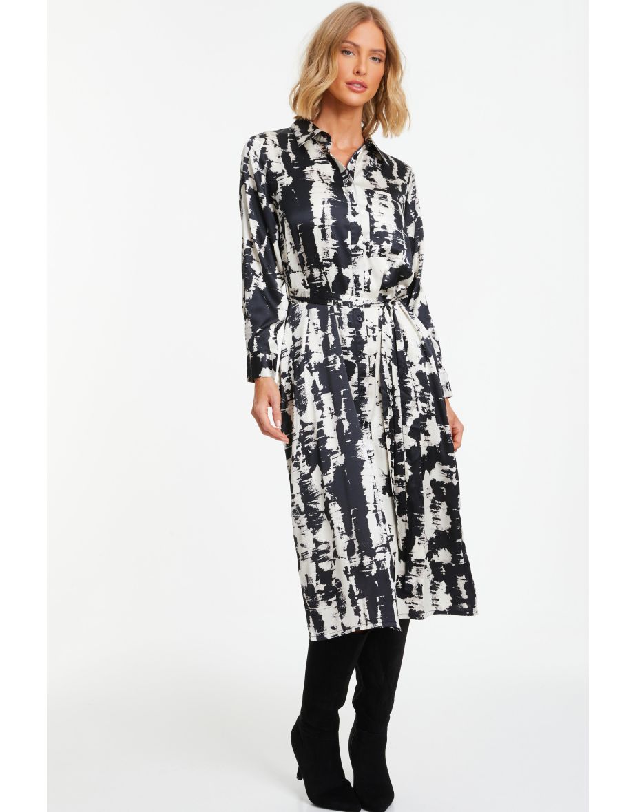 Black Satin Marble Print Shirt Dress