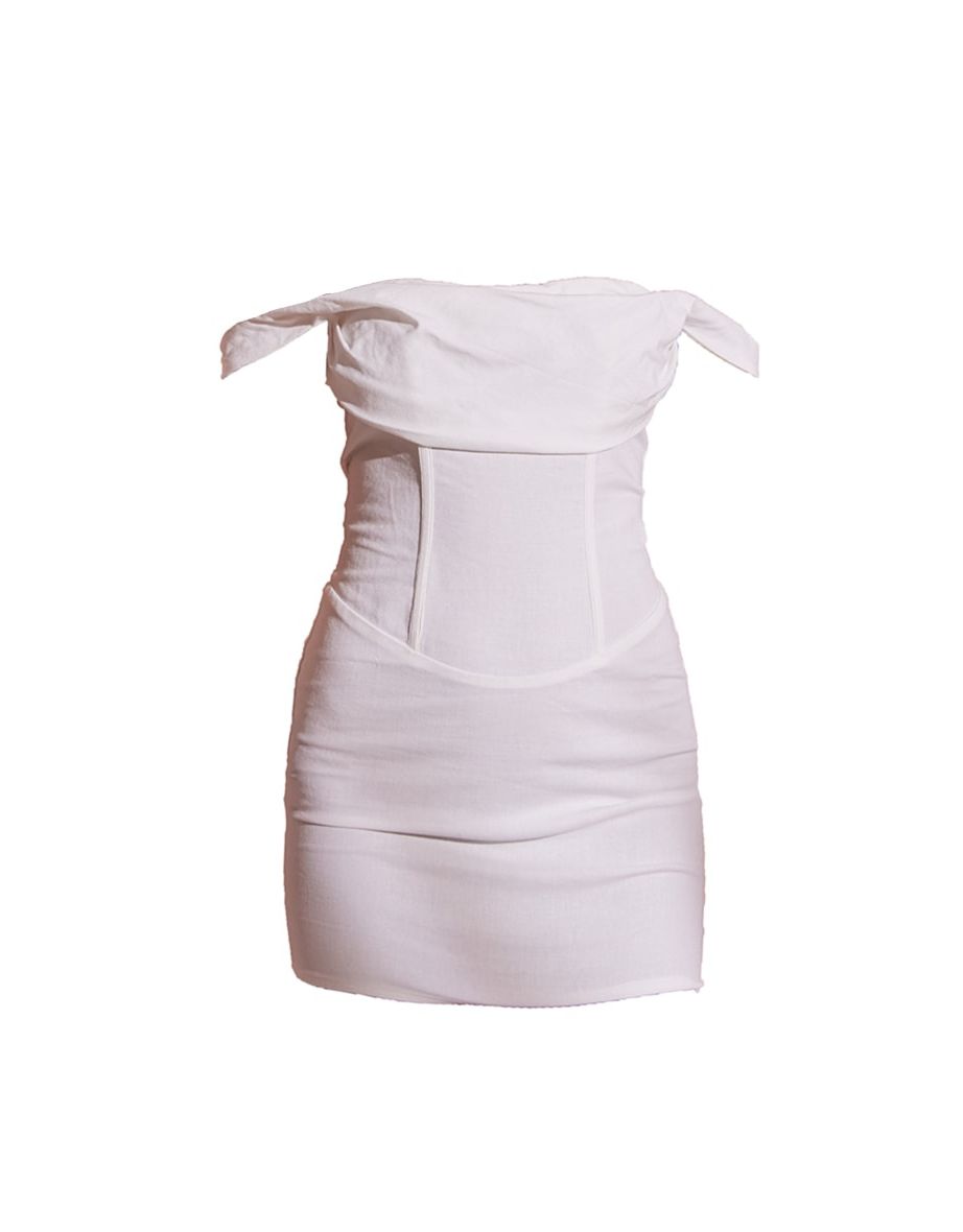 White Linen Look Draped Bardot Corset Bodycon Dress - 4