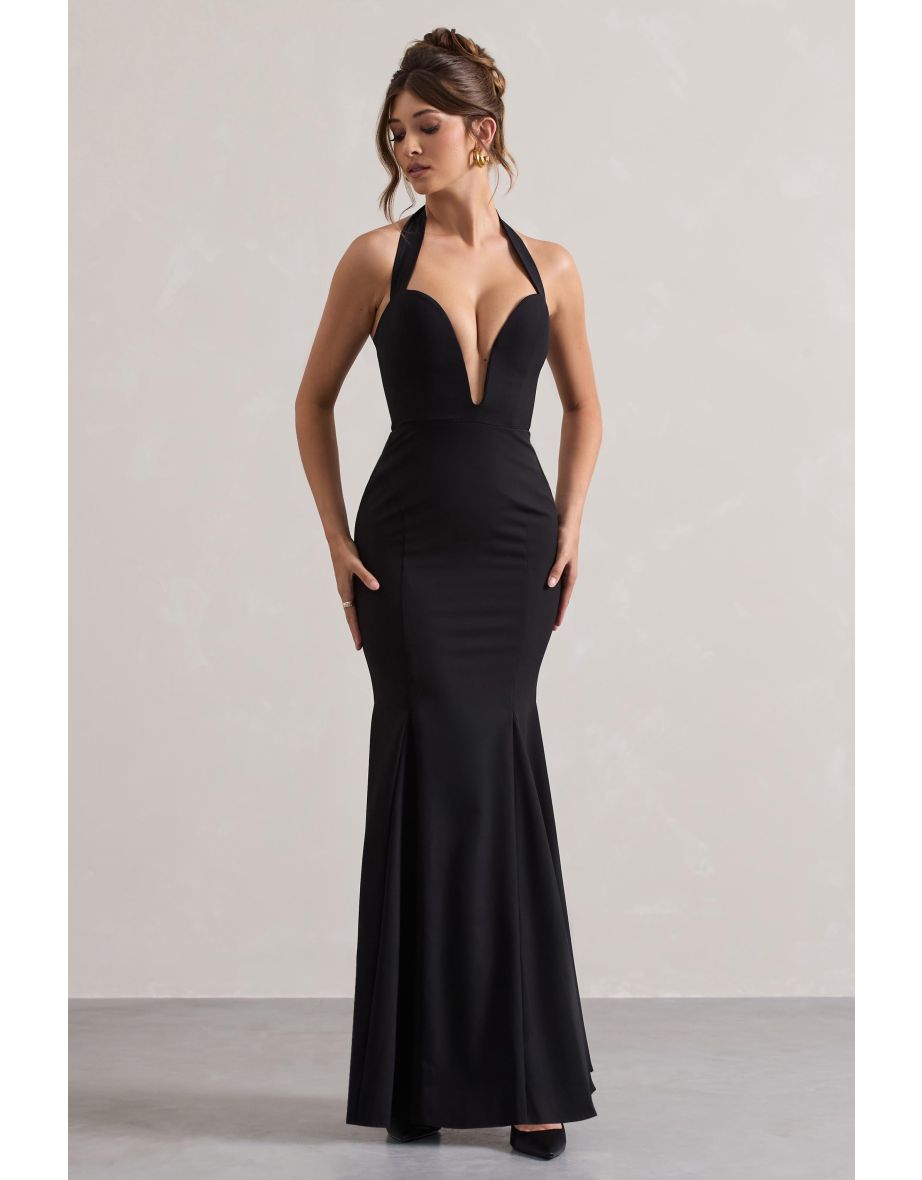 Plaza | Black Plunge Halter-Neck Fishtail Maxi Dress - 4