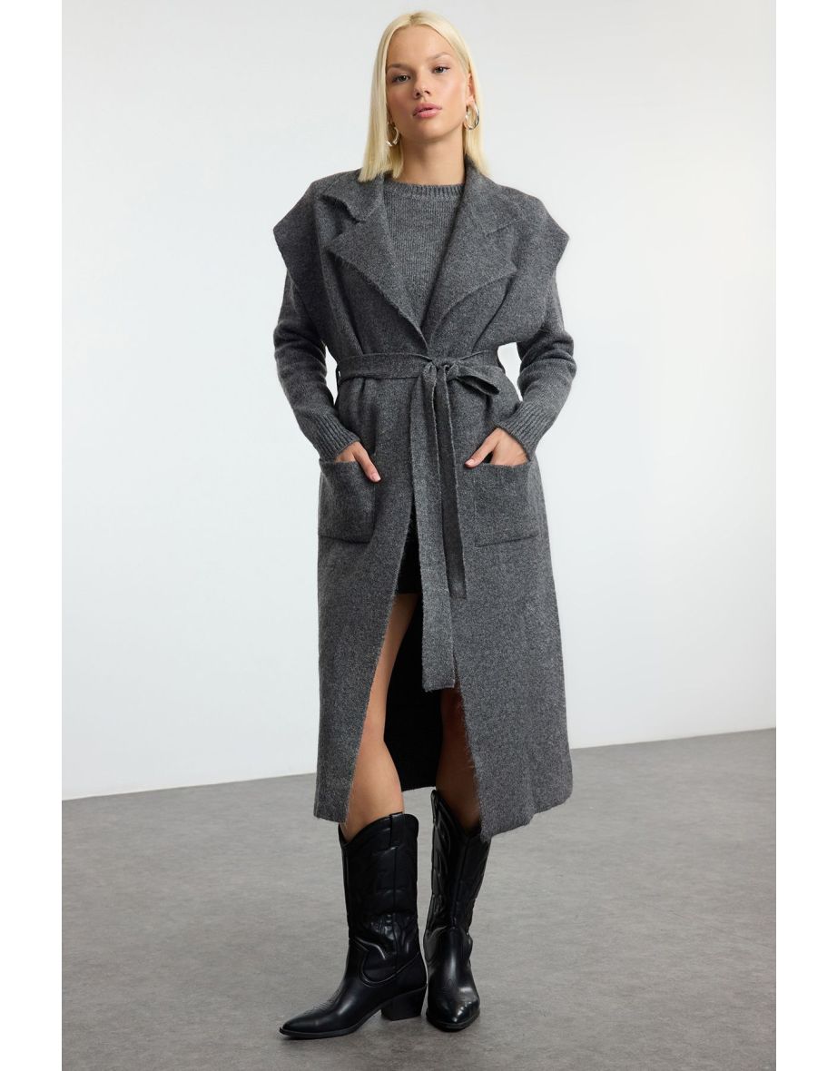 Anthracite Woolen Midi Cardigan-Sweater Knitwear Cardigan
