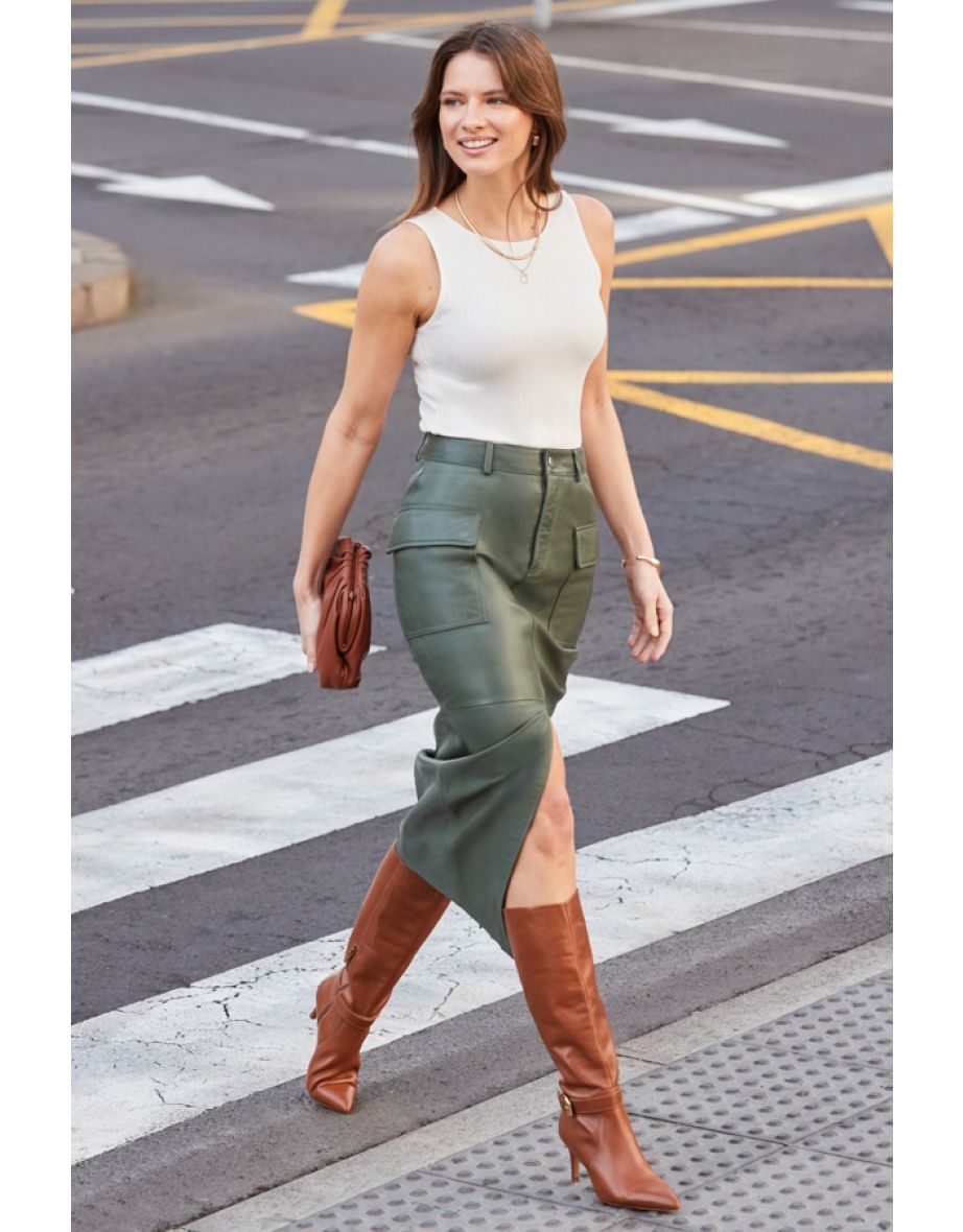 Shop Khaki Green Leather Utility Pencil Skirt Online in Bahrain VogaCloset