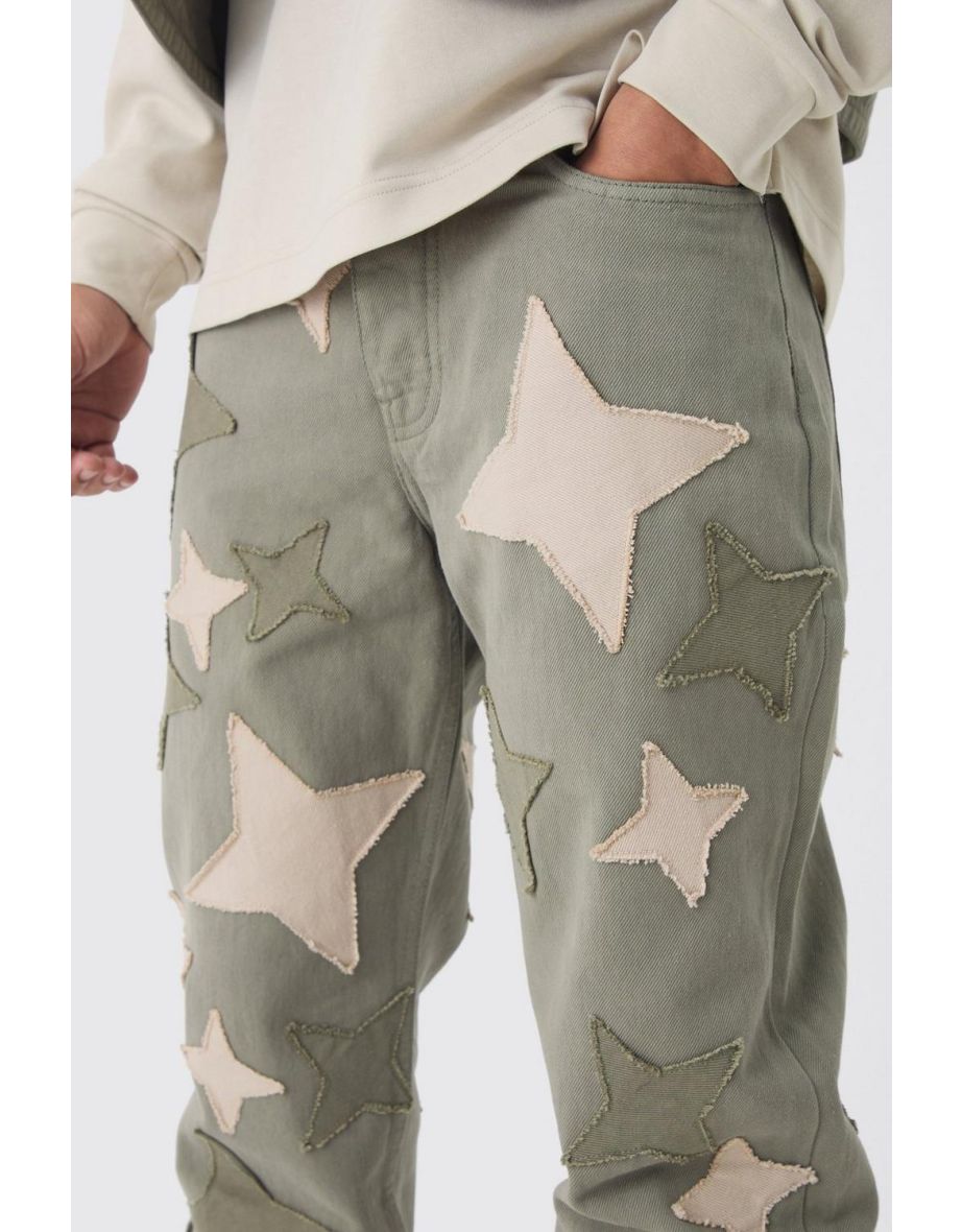 Relaxed Fit Star Patchwork Applique Jeans - khaki - 2