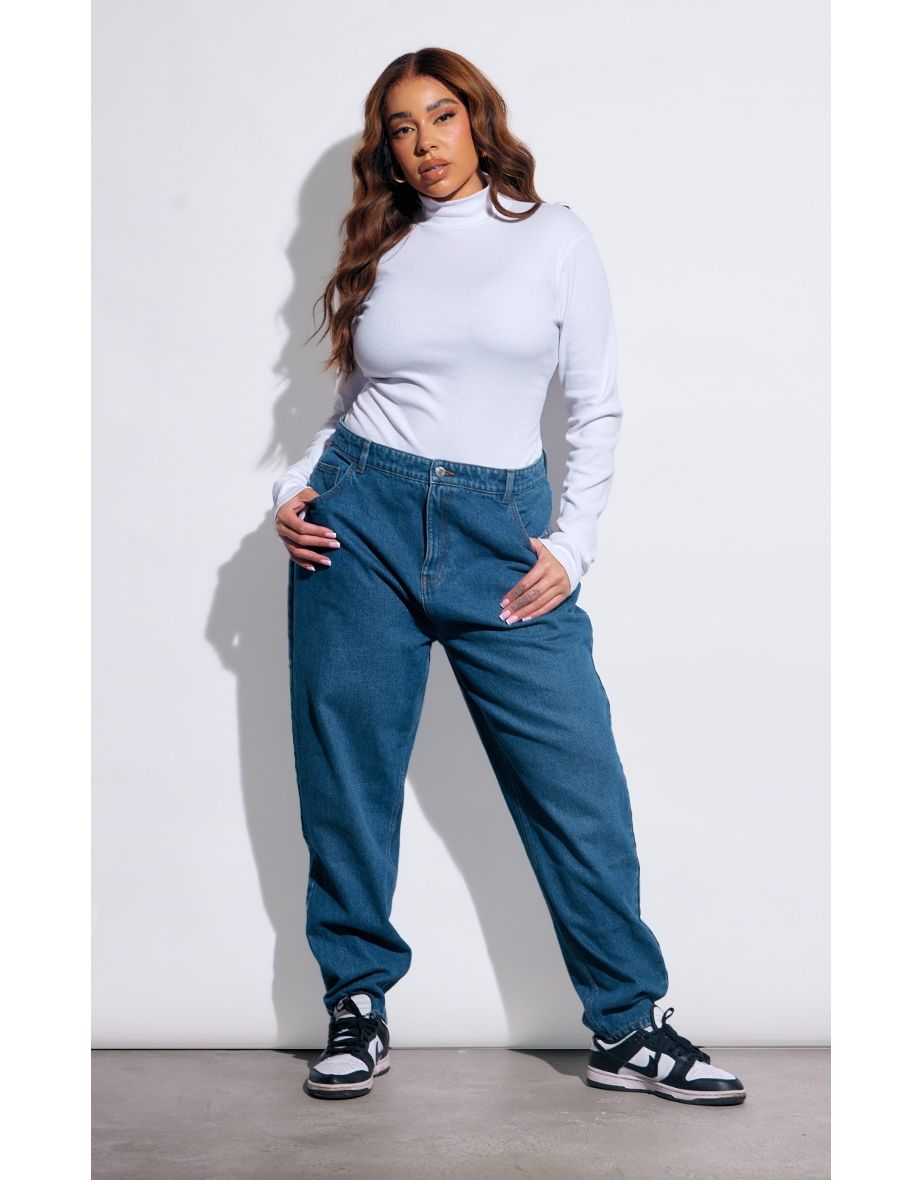 Plus White Basic Rib Long Sleeve High Neck Bodysuit