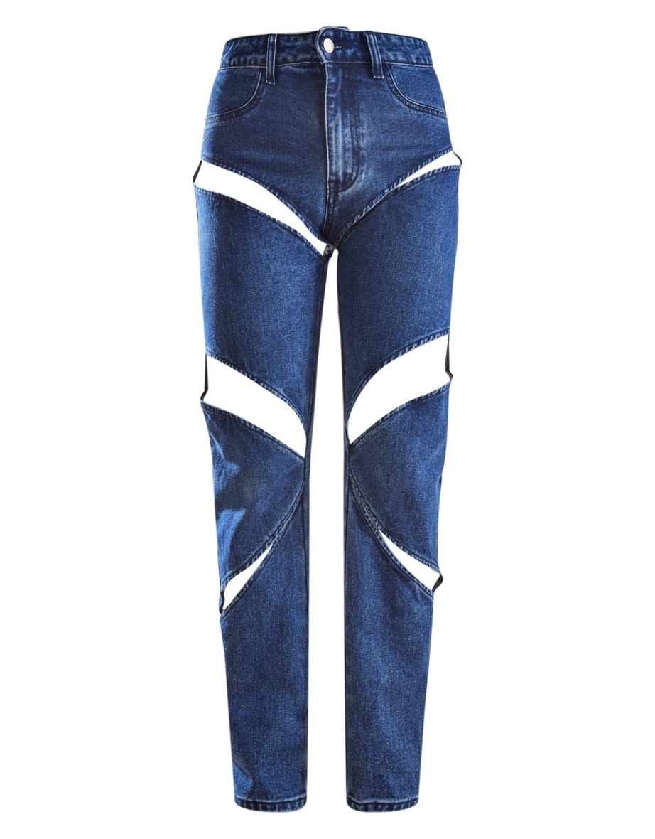 Dark Blue Wash Cut Out Thigh Straight Leg Jeans - 4