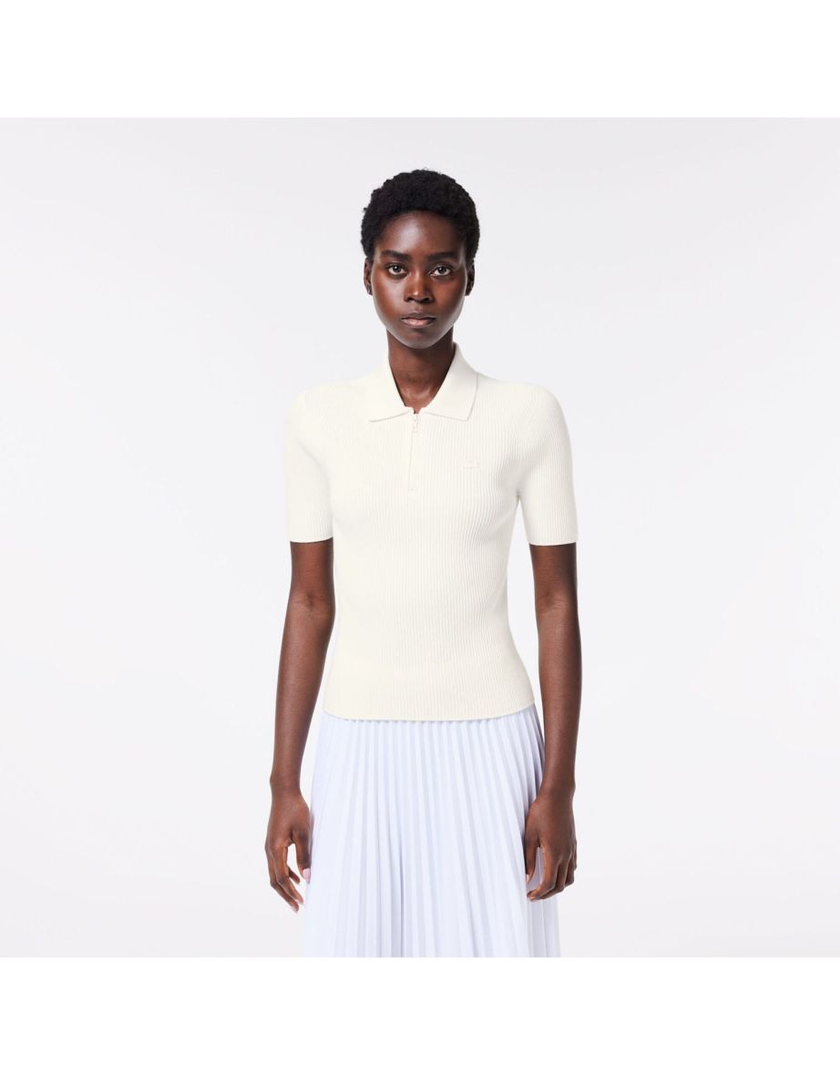 Women's Lacoste Zip Neck Rib Knit Polo Shirt in White