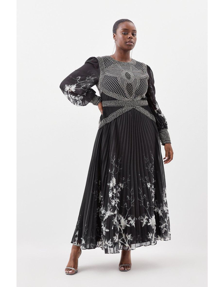 Shop Plus Size Embellished Long Sleeve Pleated Woven Maxi Dress Online in Bahrain VogaCloset