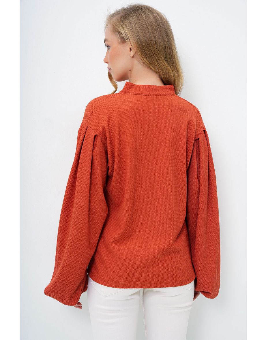 Women's Tile Judge Collar Front Buttoned Balloon Sleeve Textured Shirt Blouse - 5