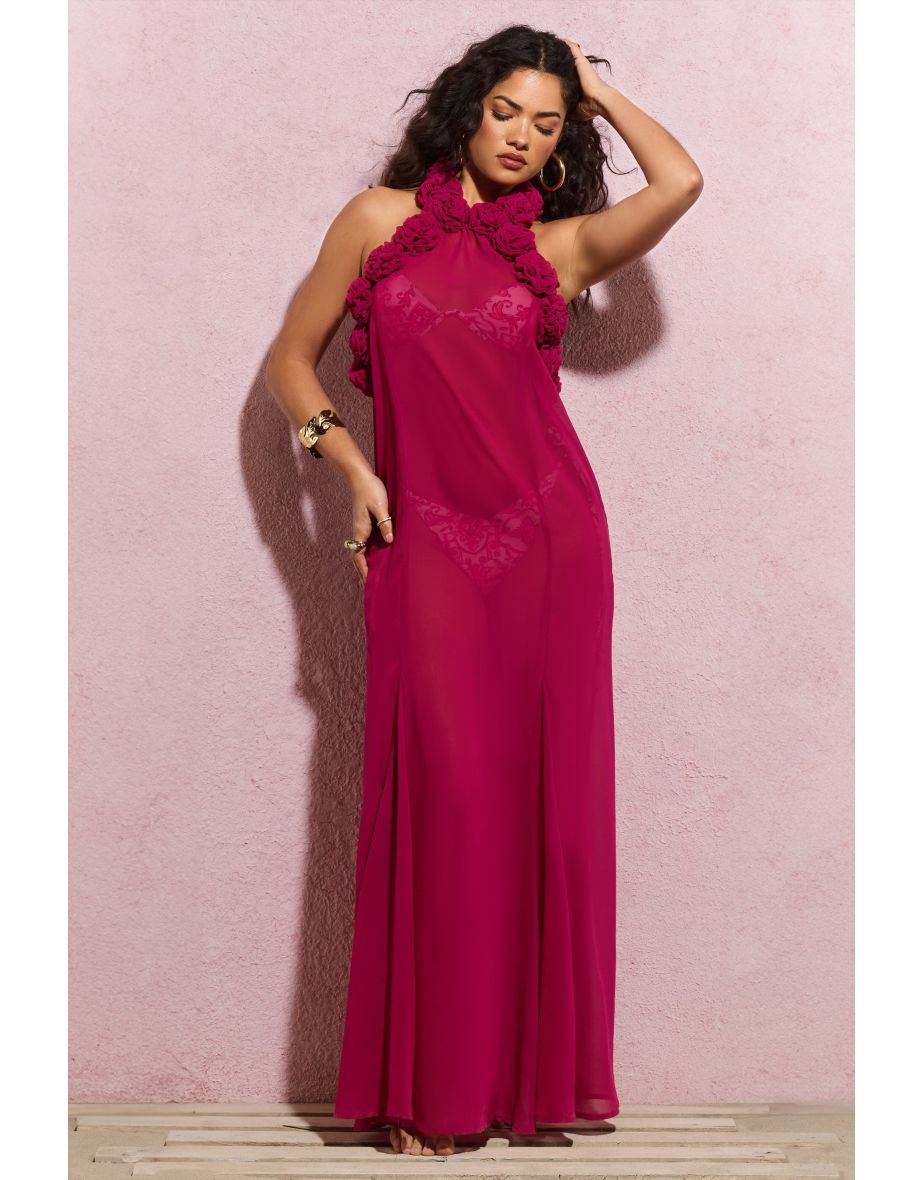 Naelya | Dark Pink Chiffon Halter-Neck Maxi Dress With Corsages - 4