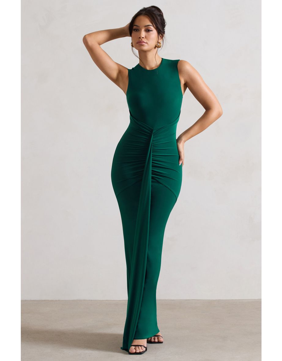 Alexa | Bottle Green High-Neck Gathered Maxi Dress With Drape